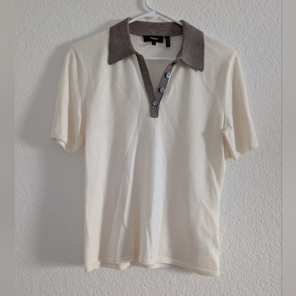 Theory Contrast Polo Ivory & Cinder Wool Blend S